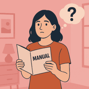 girl holding a manual in a girly room