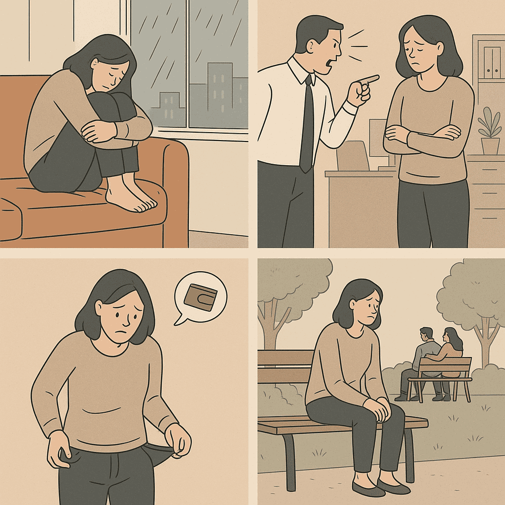 cartoon woman in stressful situations