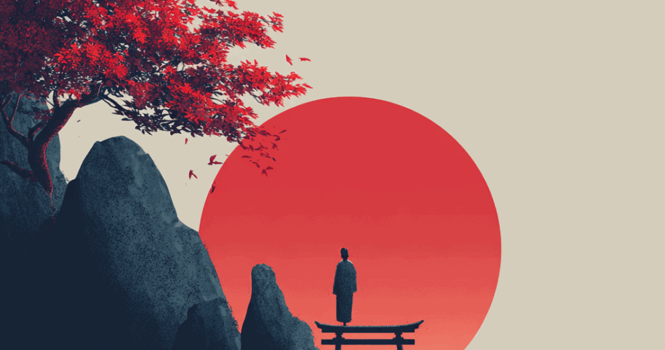 A man stands on a bridge looking at the sunset.