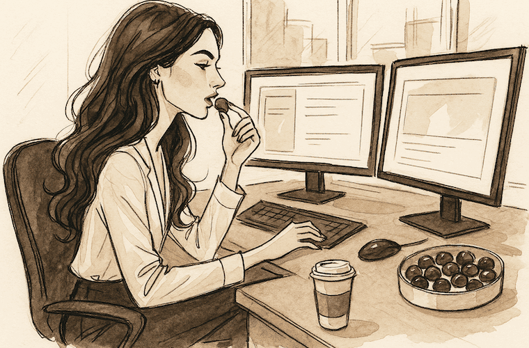 Ink-style fashion illustration of a brunette woman in an office chair, typing on a keyboard with dual monitors in front of her and eating a chocolate bonbon from a bowl on her desk.