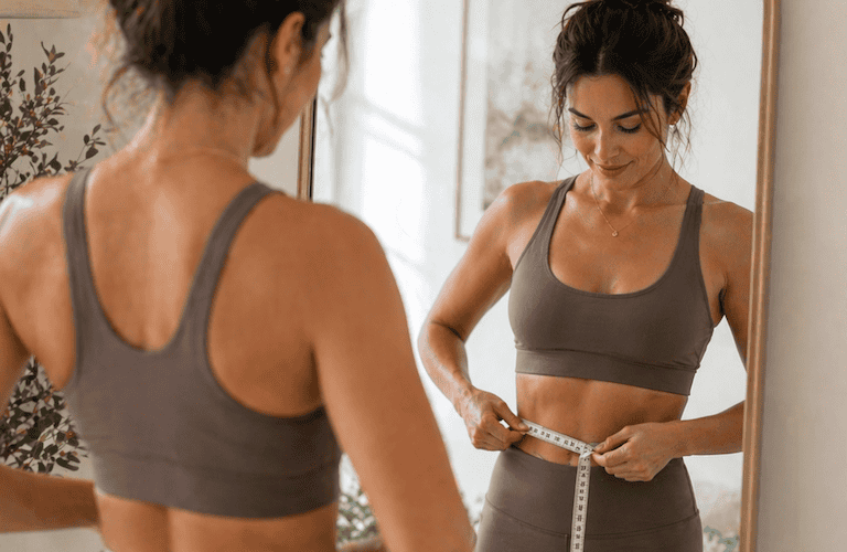 woman in her 40's measuring her waist