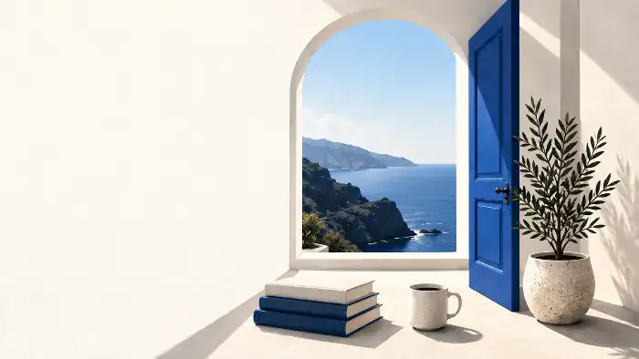 Open blue door overlooking the sea