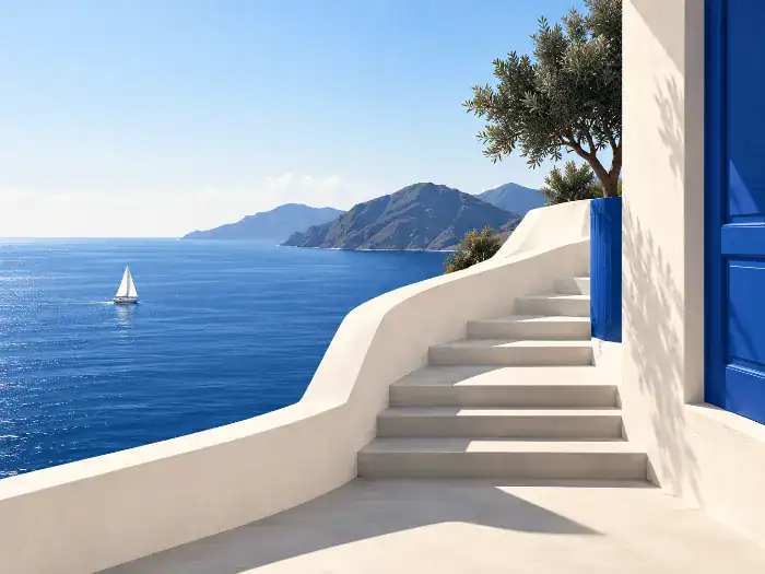 White staircase overlooking the blue sea